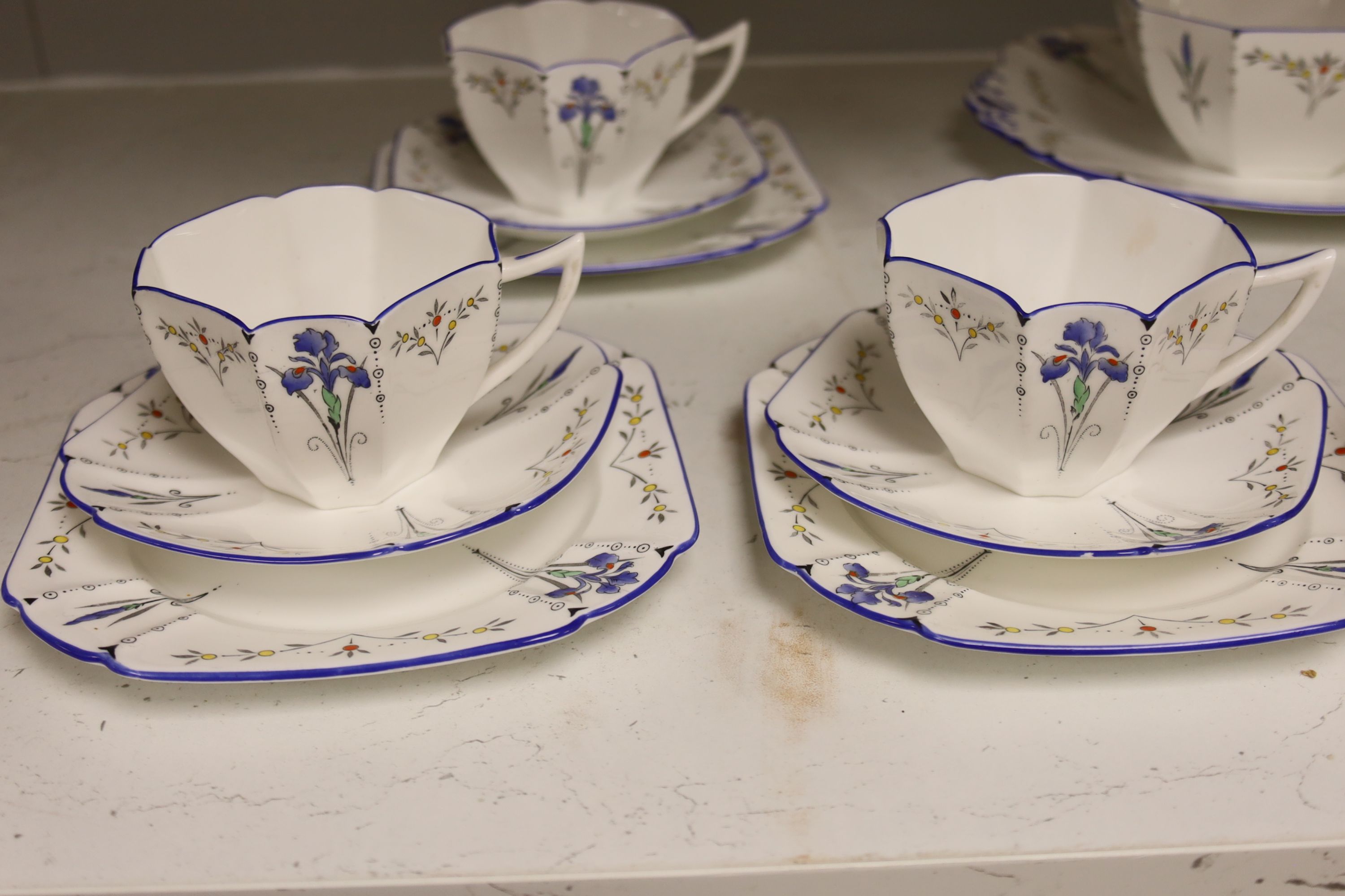 A Shelley Blue Iris pattern Queen Anne shape six piece teaset (21)